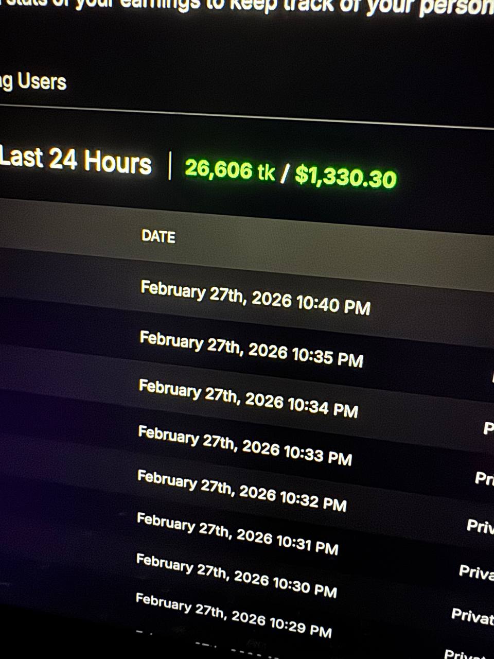Creator earnings dashboard screenshot
